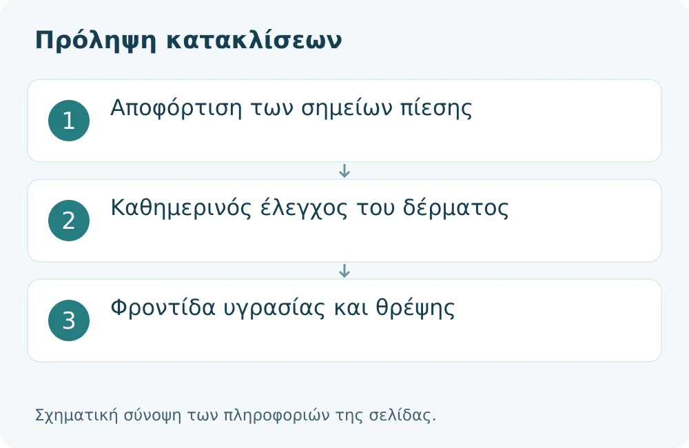 Πρόληψη κατακλίσεων: Αποφόρτιση των σημείων πίεσης, Καθημερινός έλεγχος του δέρματος, Φροντίδα υγρασίας και θρέψης